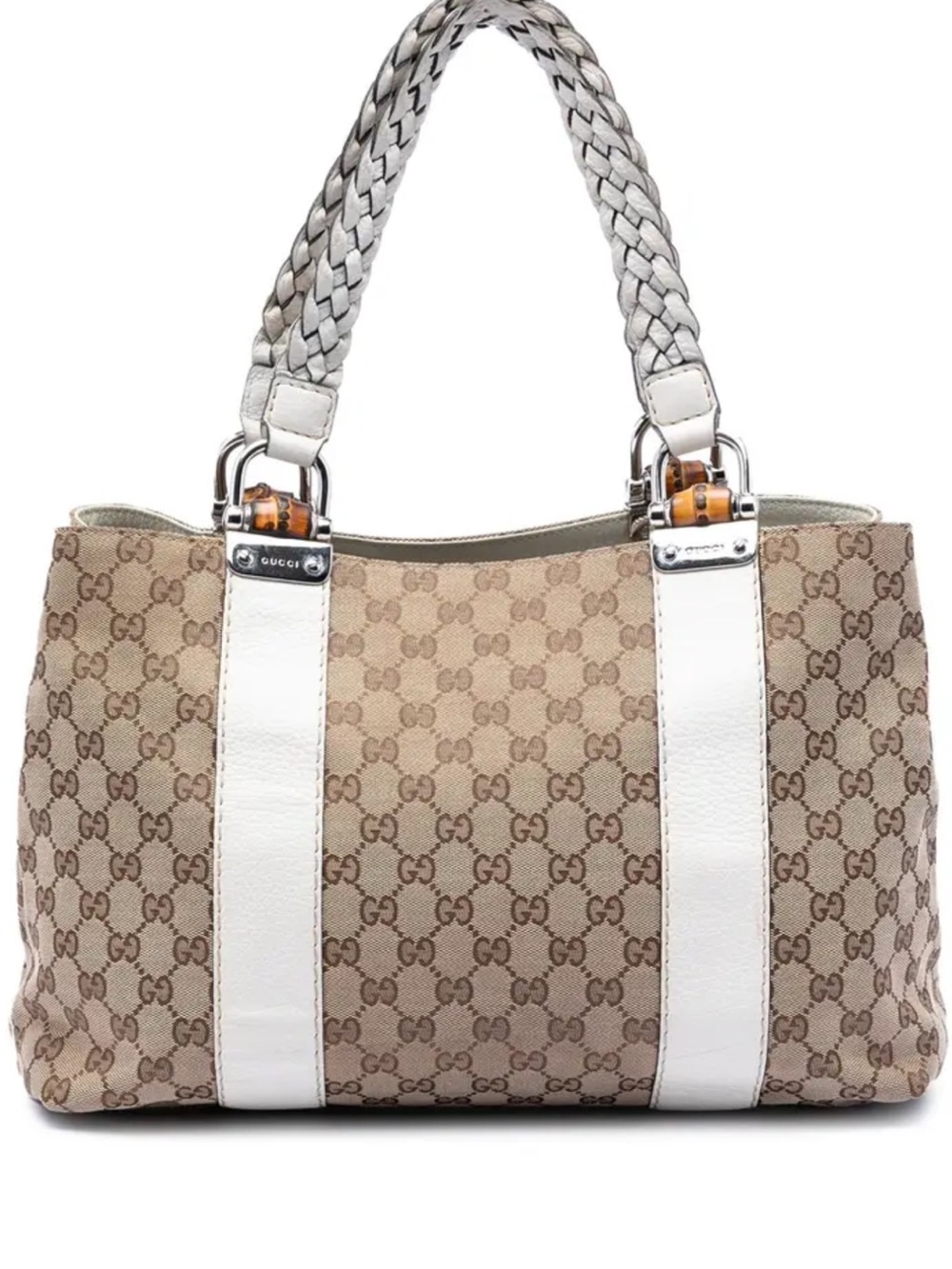 Gucci Beige GG Supreme Canvas Tote with Silver Braided Handles